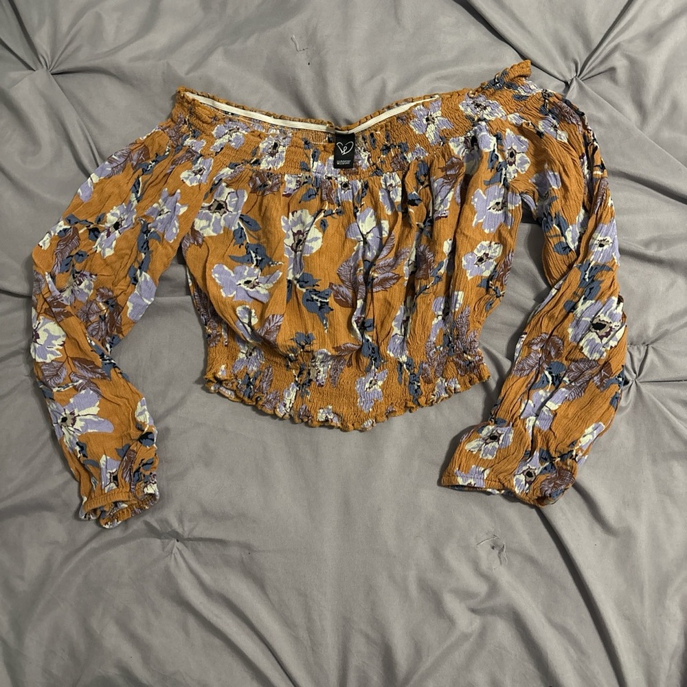 Windsor Floral Off-Shoulder Crop Top in Mustard and Lavender
